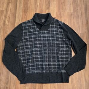 Brooks Brothers SZ LARGE soft Saxxon wool sweater high collar neck grey plaid